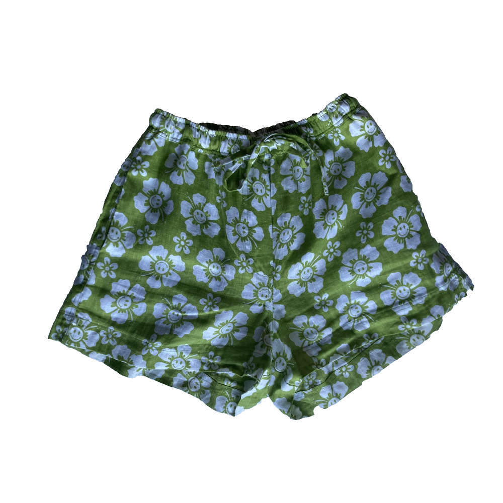 Holiday by Emma Mulholland 100% Linen Shorts Women S Green‎ Smiley Flower Retro